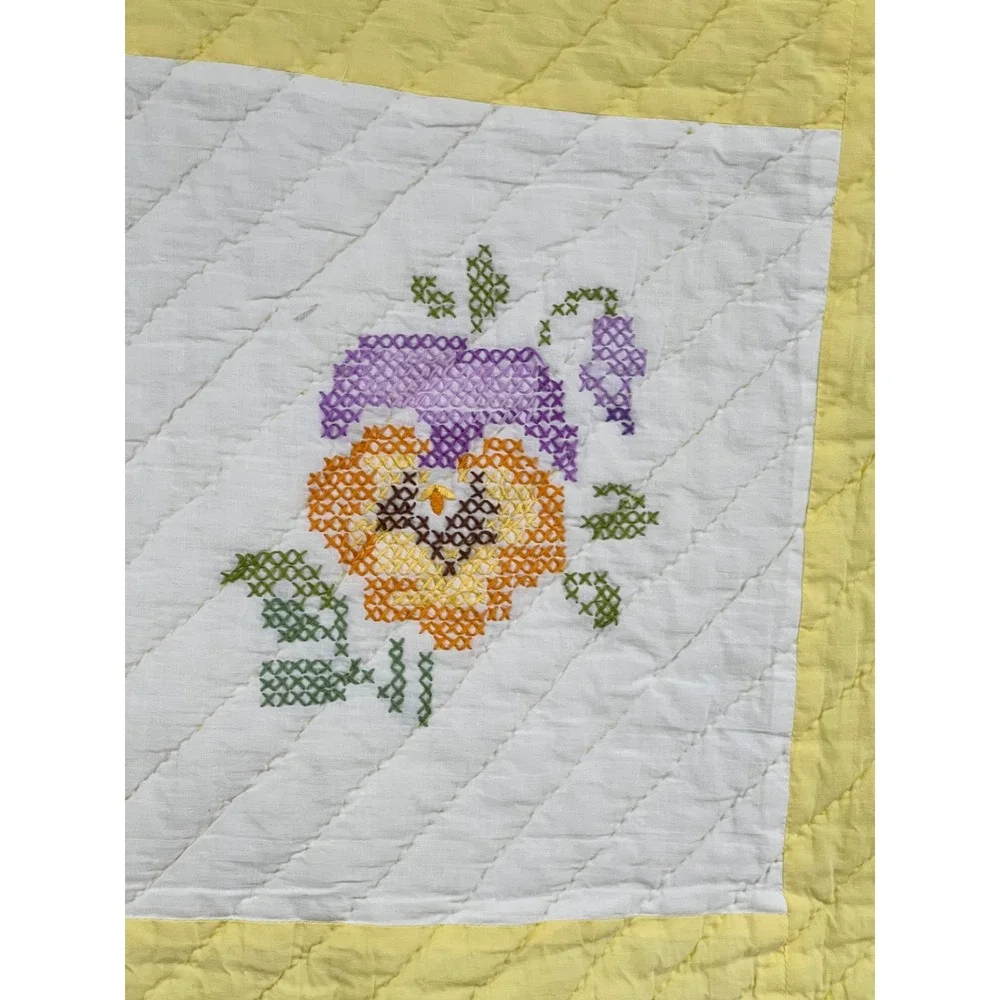 Vintage Handmade Pansy Quilt Hand Embroidered Twin Full Yellow 64x82